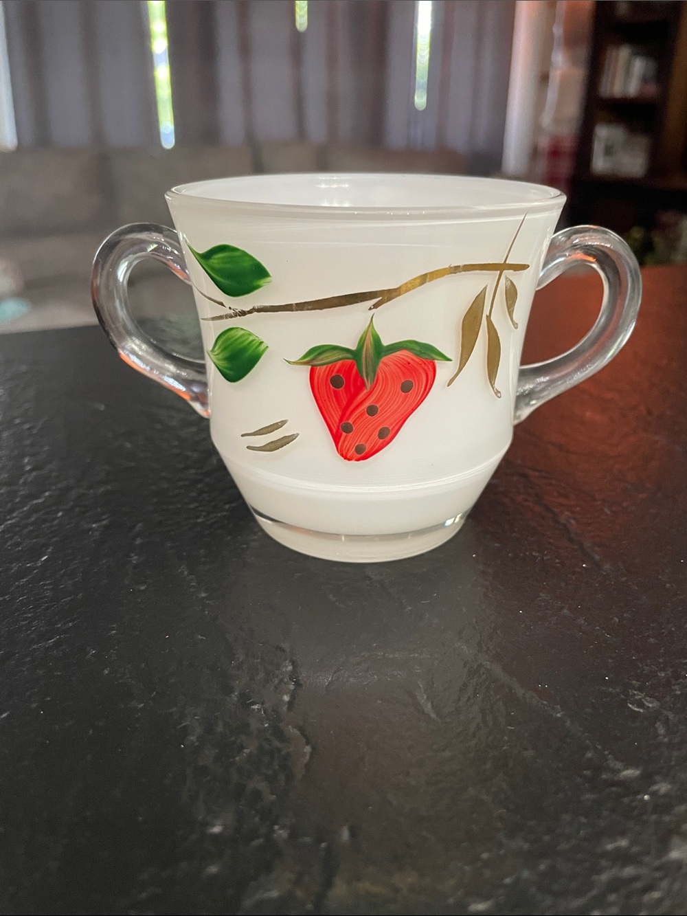 Bartlett Collins Hand-Painted White Glass Sugar Bowl with Red Strawberry Motif